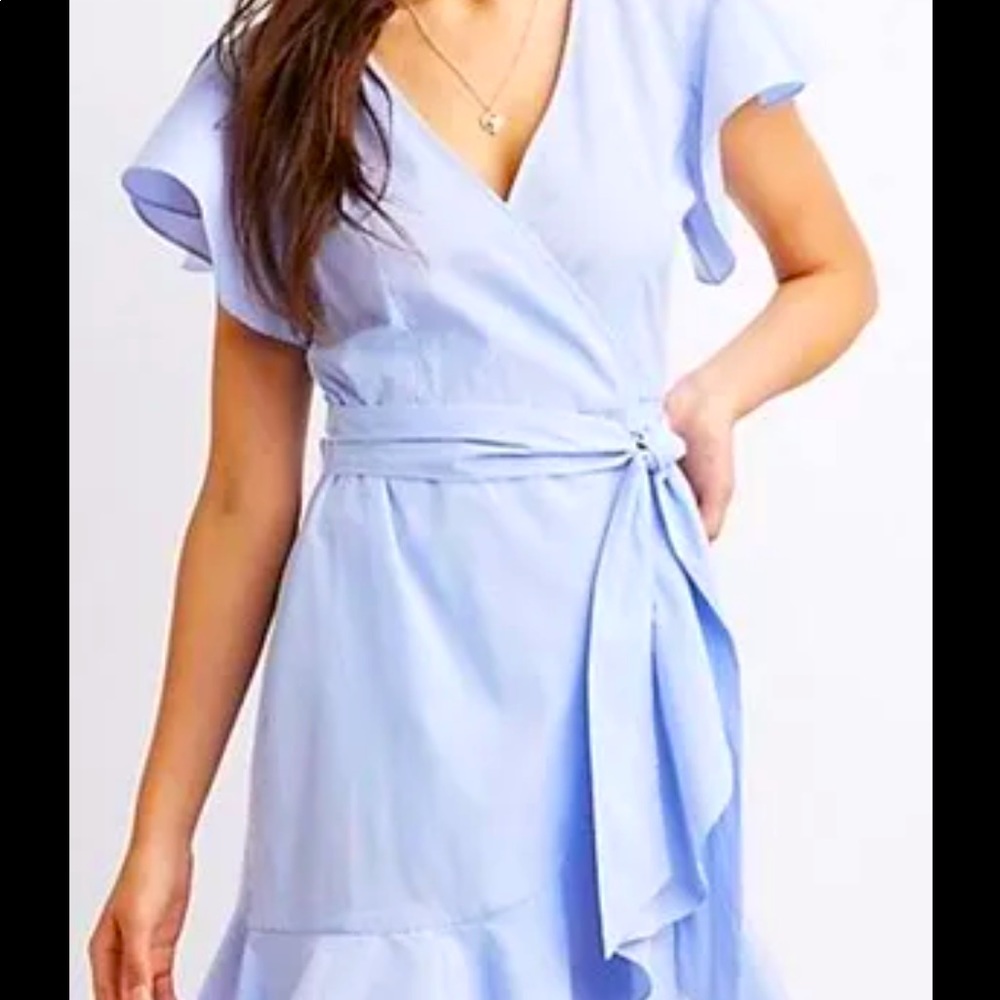 Charlotte Russe Chambray Striped Ruffle Trim Wrap Dress XS